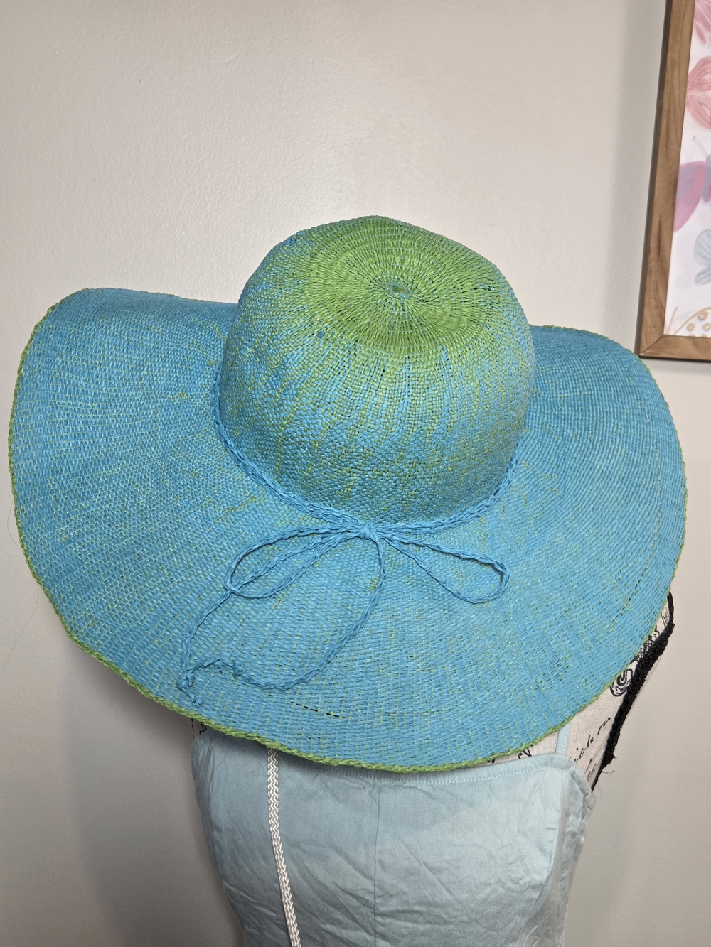 Vintage Panama Jack Two-Tone Woven Floppy Sun Hat - Turquoise & Lime Green